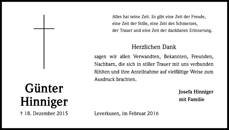  Traueranzeige für Günter Hinniger vom 06.02.2016 aus Kölner Stadt-Anzeiger / Kölnische Rundschau / Express