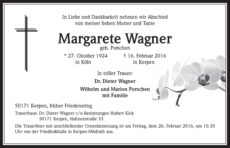  Traueranzeige für Margarete Wagner vom 24.02.2016 aus  Werbepost 