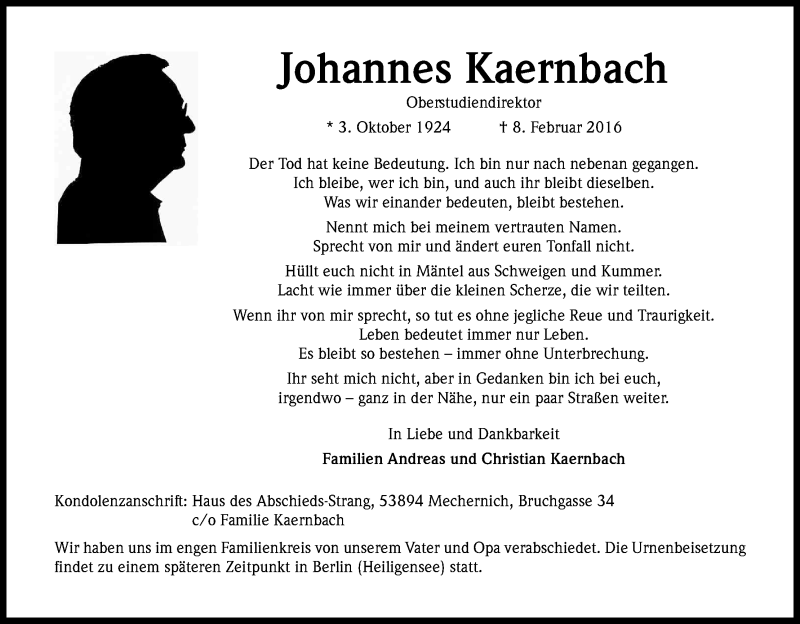  Traueranzeige für Johannes Kaernbach vom 17.02.2016 aus Kölner Stadt-Anzeiger / Kölnische Rundschau / Express