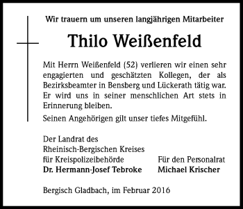 Anzeige von Thilo Weißenfeld von Kölner Stadt-Anzeiger / Kölnische Rundschau / Express