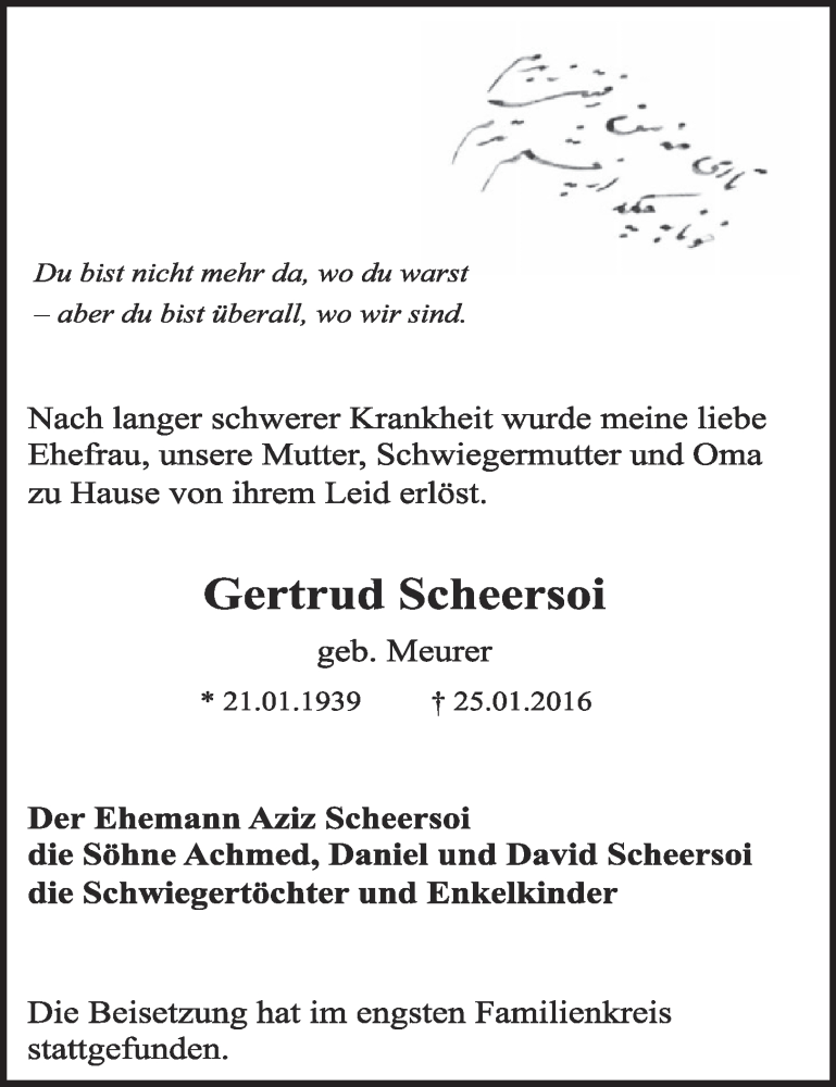  Traueranzeige für Gertrud Scheersoi vom 03.02.2016 aus  Schlossbote/Werbekurier 