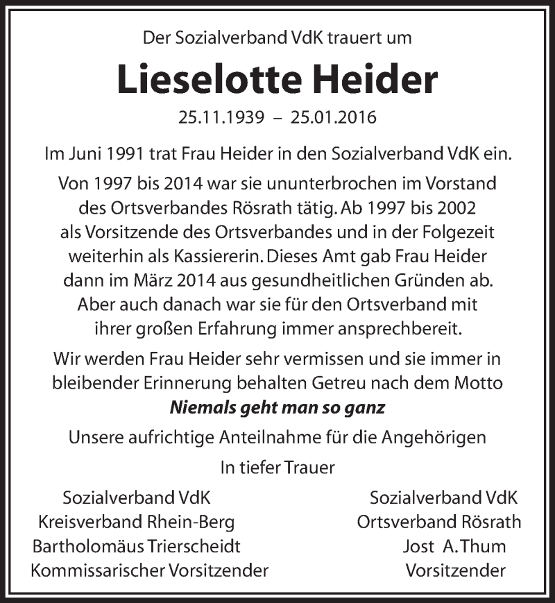  Traueranzeige für Lieselotte Heider vom 03.02.2016 aus  Bergisches Handelsblatt 
