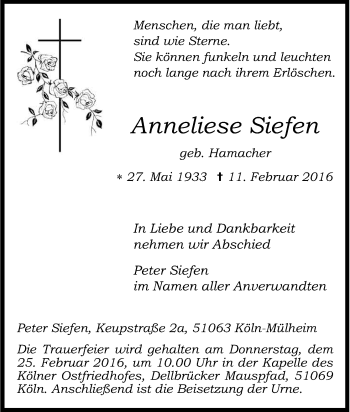 Anzeige von Anneliese Siefen von Kölner Stadt-Anzeiger / Kölnische Rundschau / Express