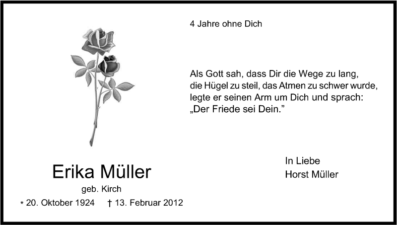  Traueranzeige für Erika Müller Müller vom 13.02.2016 aus Kölner Stadt-Anzeiger / Kölnische Rundschau / Express