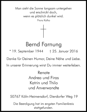 Anzeige von Bernd Farnung von Kölner Stadt-Anzeiger / Kölnische Rundschau / Express