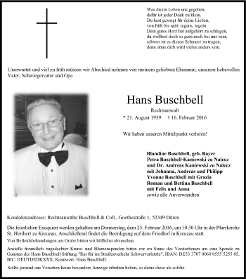 Anzeige von Hans Buschbell von Kölner Stadt-Anzeiger / Kölnische Rundschau / Express