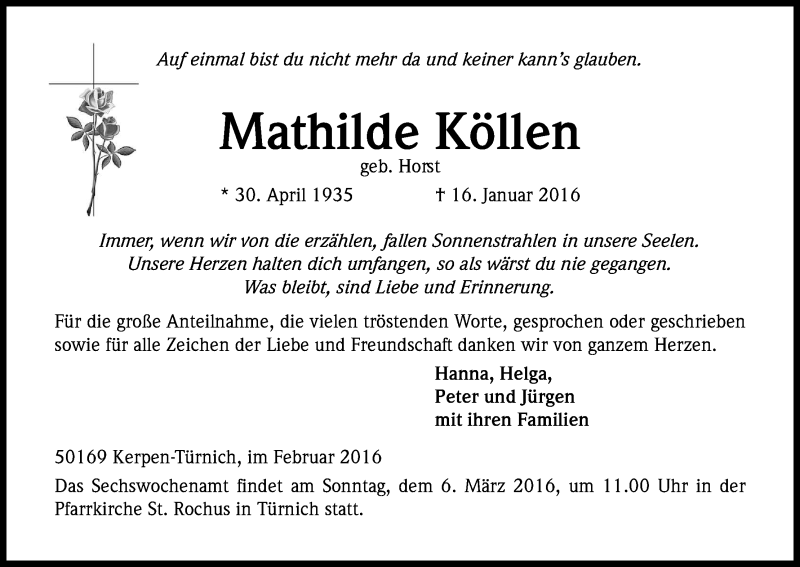  Traueranzeige für Mathilde Köllen vom 27.02.2016 aus Kölner Stadt-Anzeiger / Kölnische Rundschau / Express