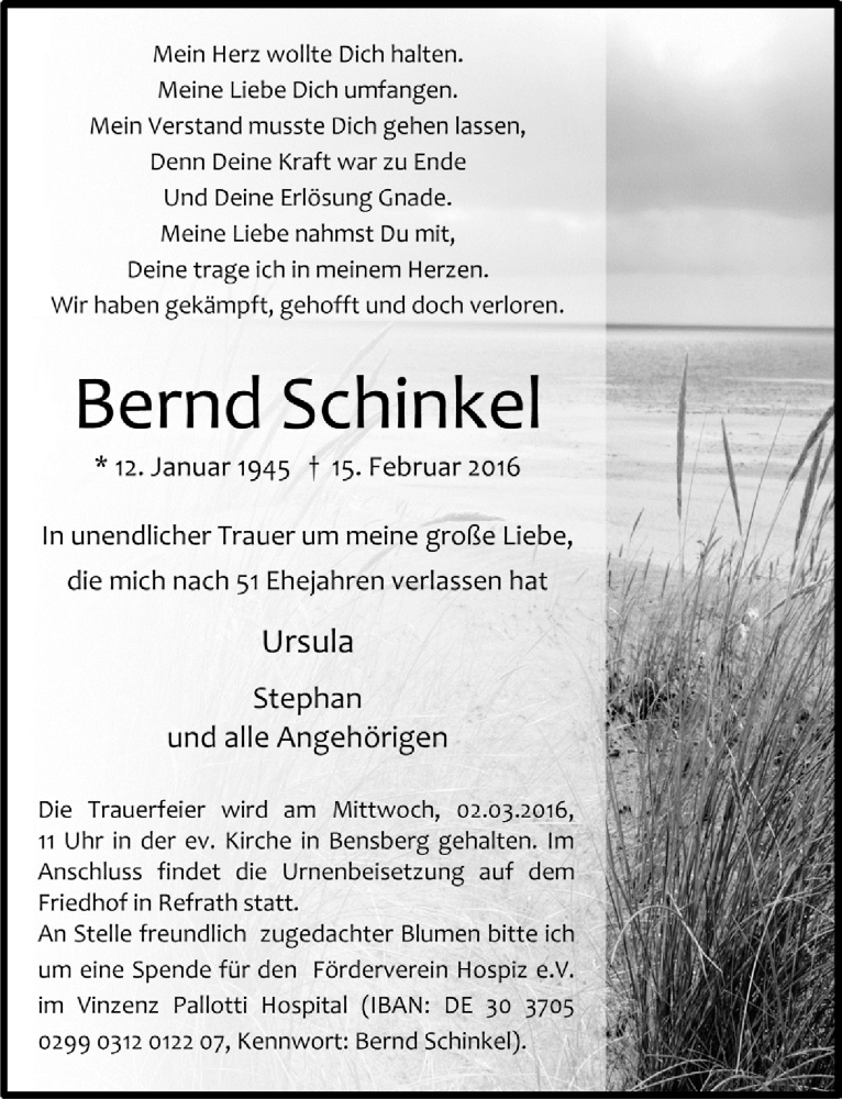  Traueranzeige für Bernd Schinkel vom 24.02.2016 aus  Bergisches Handelsblatt 