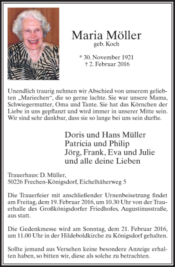 Anzeige von Maria Möller von  Sonntags-Post 