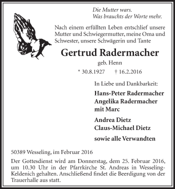 Anzeige von Gertrud Radermacher von  Schlossbote/Werbekurier 