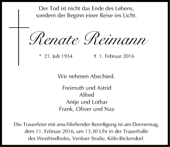 Anzeige von Renate Reimann von Kölner Stadt-Anzeiger / Kölnische Rundschau / Express