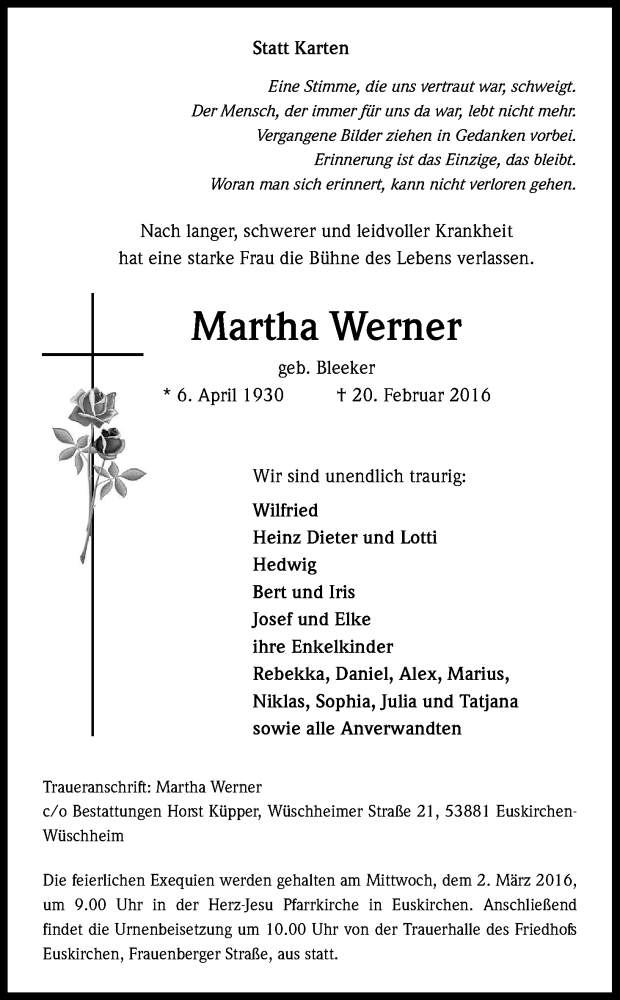  Traueranzeige für Martha Werner vom 27.02.2016 aus Kölner Stadt-Anzeiger / Kölnische Rundschau / Express