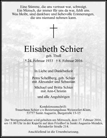 Anzeige von Elisabeth Schier von Kölner Stadt-Anzeiger / Kölnische Rundschau / Express