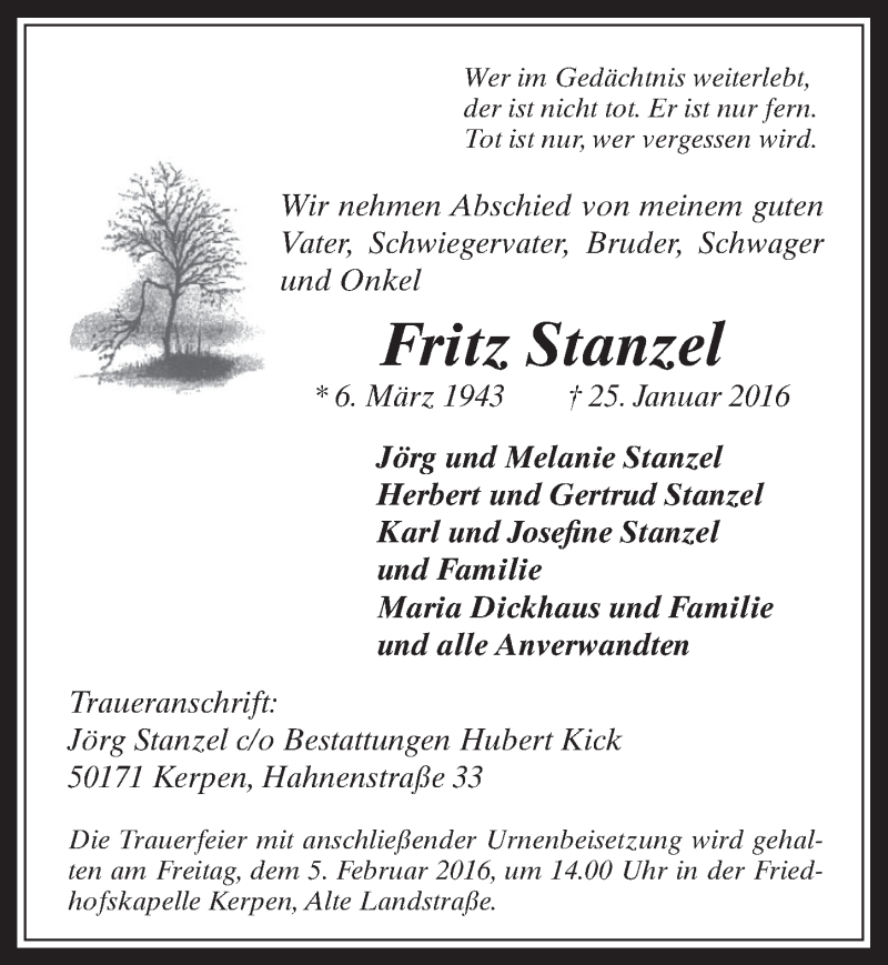  Traueranzeige für Fritz Stanzel vom 03.02.2016 aus  Werbepost 