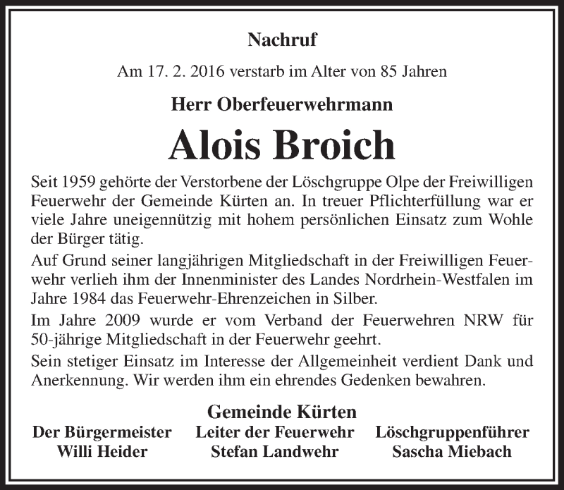  Traueranzeige für Alois Broich vom 24.02.2016 aus  Bergisches Handelsblatt 