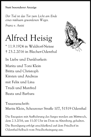 Anzeige von Alfred Heisig von Kölner Stadt-Anzeiger / Kölnische Rundschau / Express