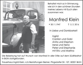 Anzeige von Manfred Klein von  Wochenende  Schlossbote/Werbekurier 
