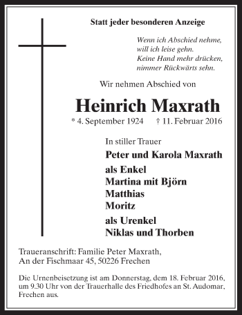 Anzeige von Heinrich Maxrath von  Wochenende 