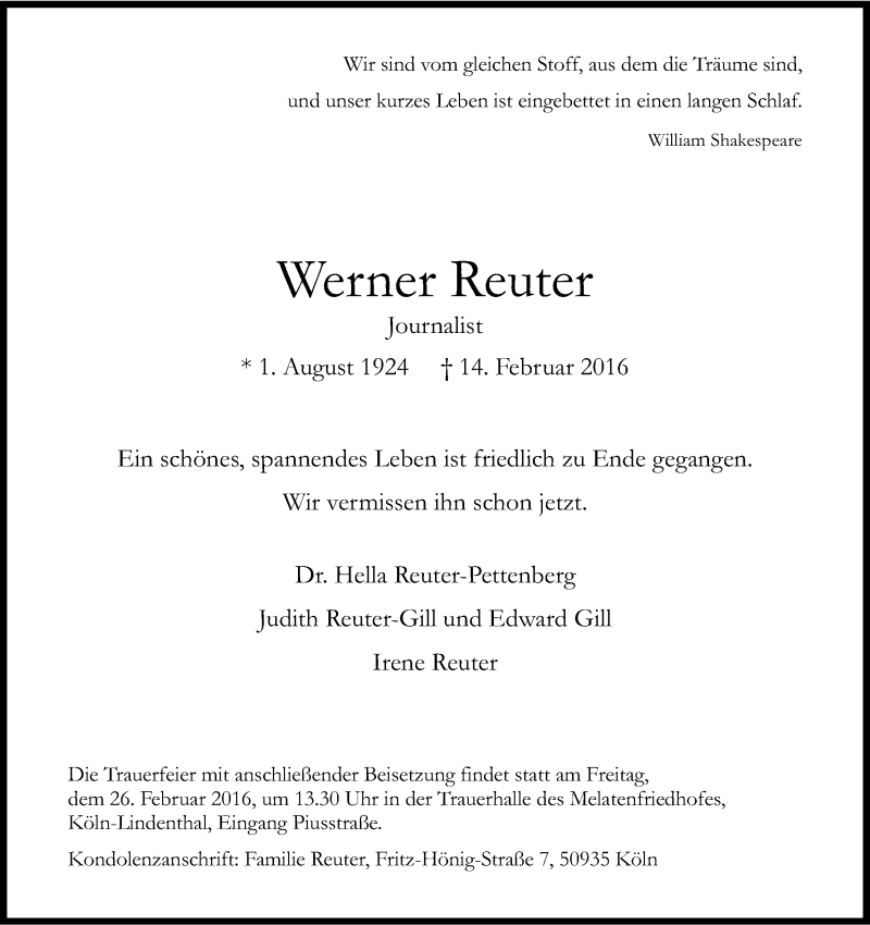  Traueranzeige für Werner Reuter vom 20.02.2016 aus Kölner Stadt-Anzeiger / Kölnische Rundschau / Express