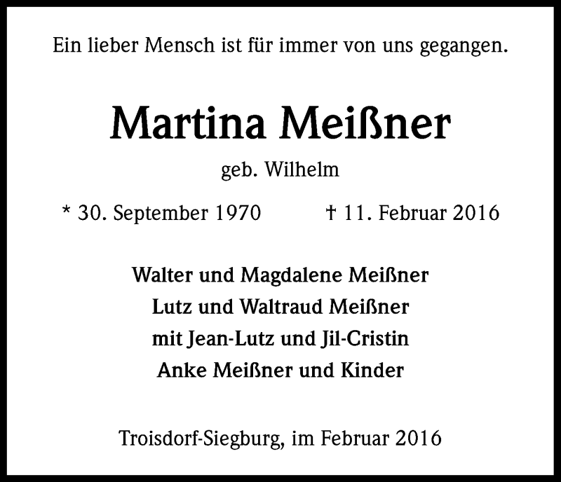  Traueranzeige für Martina Meißner vom 17.02.2016 aus Kölner Stadt-Anzeiger / Kölnische Rundschau / Express