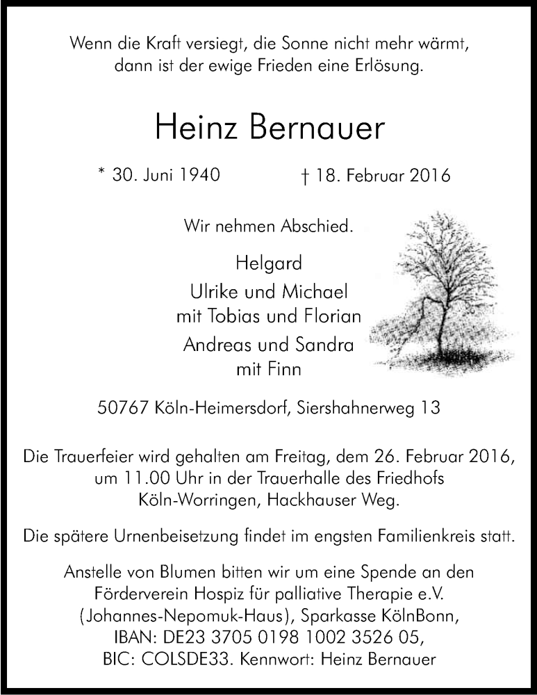  Traueranzeige für Heinz Bernauer vom 20.02.2016 aus Kölner Stadt-Anzeiger / Kölnische Rundschau / Express