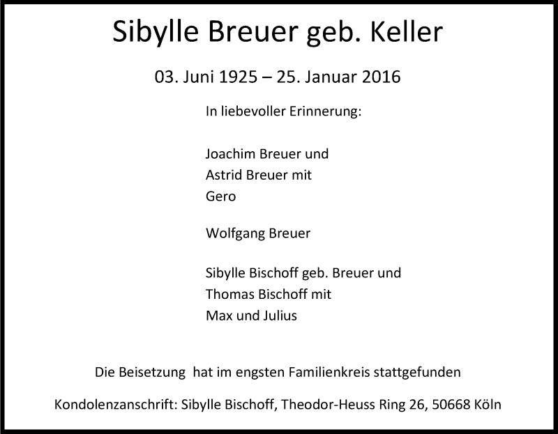  Traueranzeige für Sibylle Breuer vom 13.02.2016 aus Kölner Stadt-Anzeiger / Kölnische Rundschau / Express