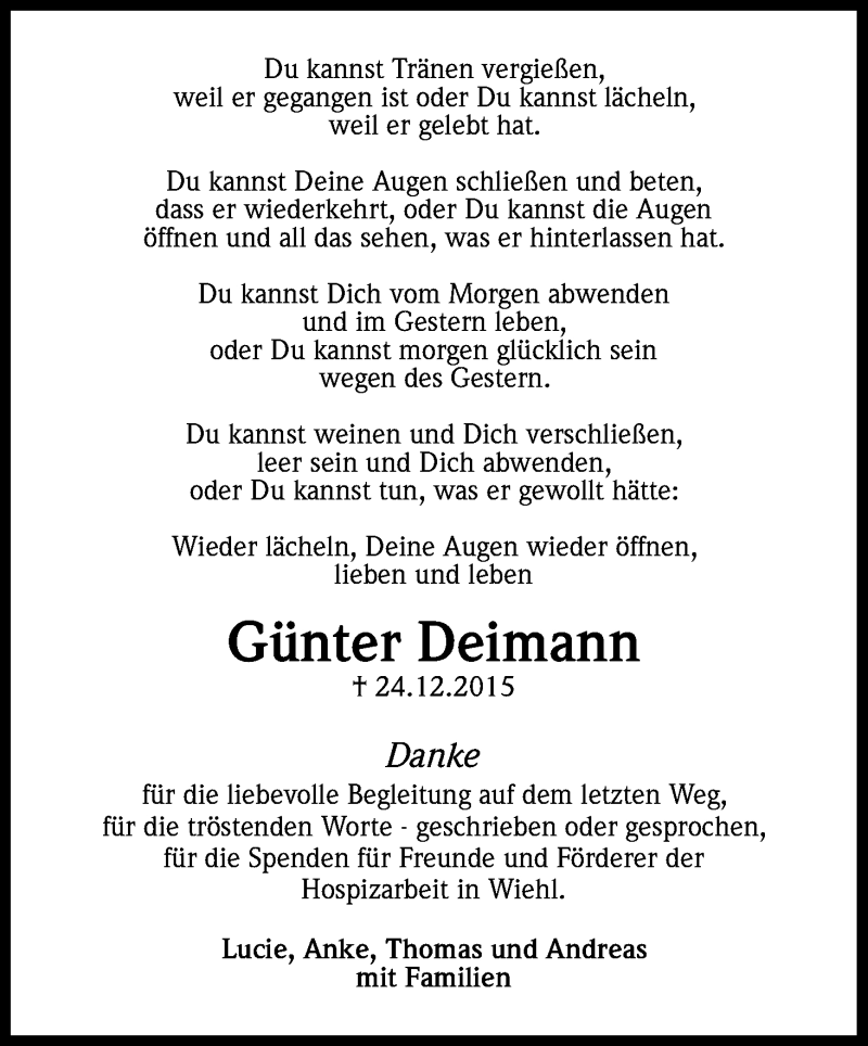  Traueranzeige für Günter Deimann vom 20.02.2016 aus Kölner Stadt-Anzeiger / Kölnische Rundschau / Express