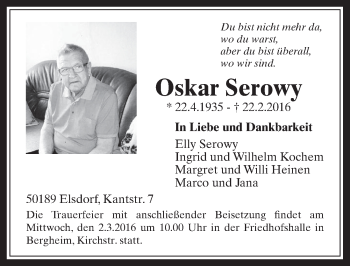 Anzeige von Oskar Serowy von  Sonntags-Post 