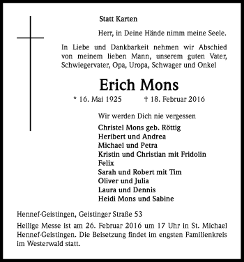 Anzeige von Erich Mons von Kölner Stadt-Anzeiger / Kölnische Rundschau / Express