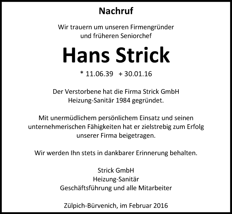  Traueranzeige für Hans Strick vom 20.02.2016 aus Kölner Stadt-Anzeiger / Kölnische Rundschau / Express