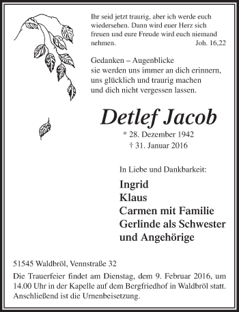 Anzeige von Detlef Jacob von  Lokalanzeiger 