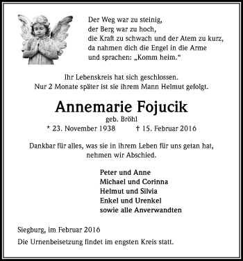 Anzeige von Annemarie Fojucik von Kölner Stadt-Anzeiger / Kölnische Rundschau / Express