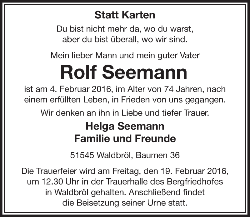  Traueranzeige für Rolf Seemann vom 17.02.2016 aus  Lokalanzeiger 