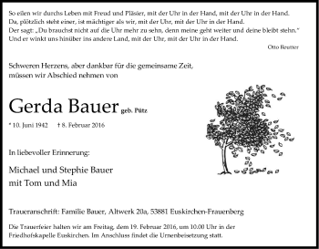 Anzeige von Gerda Bauer von Kölner Stadt-Anzeiger / Kölnische Rundschau / Express