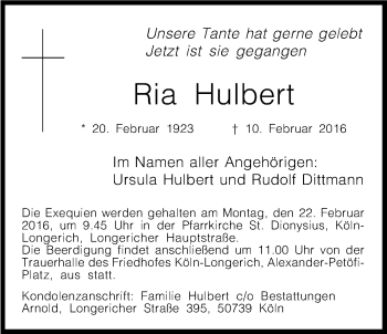 Anzeige von Ria Hulbert von Kölner Stadt-Anzeiger / Kölnische Rundschau / Express