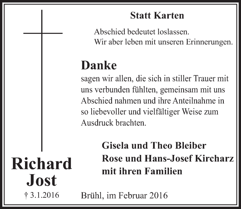  Traueranzeige für Richard Jost vom 24.02.2016 aus  Schlossbote/Werbekurier 