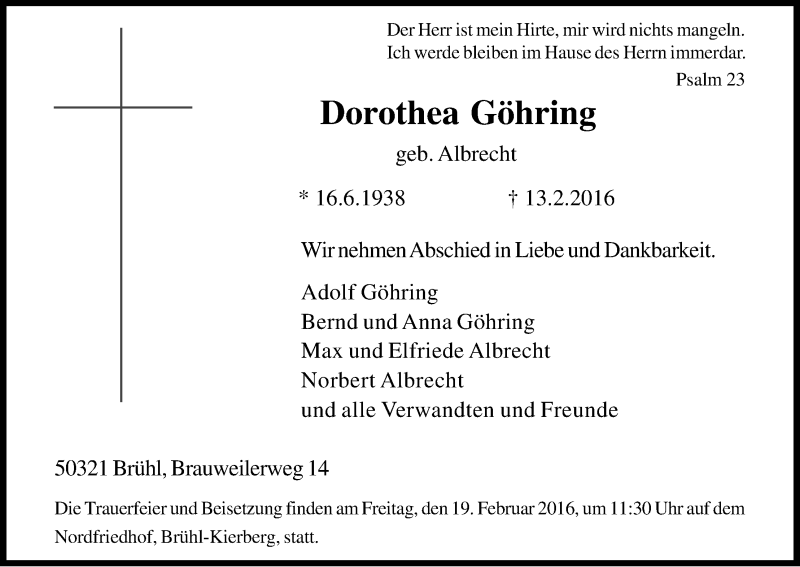  Traueranzeige für Dorothea Göhring vom 17.02.2016 aus Kölner Stadt-Anzeiger / Kölnische Rundschau / Express