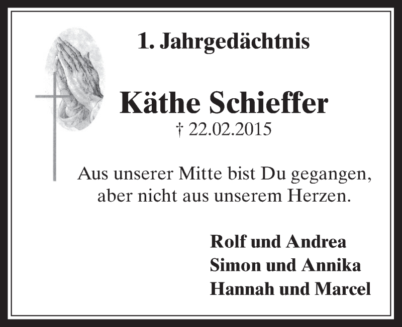 Traueranzeige für Käthe Schieffer vom 24.02.2016 aus  Werbepost 
