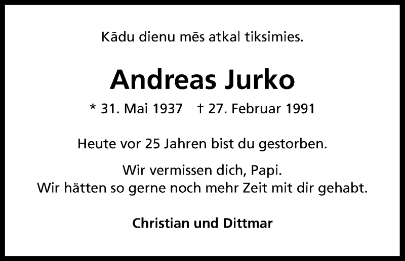  Traueranzeige für Andreas Jurko vom 27.02.2016 aus Kölner Stadt-Anzeiger / Kölnische Rundschau / Express