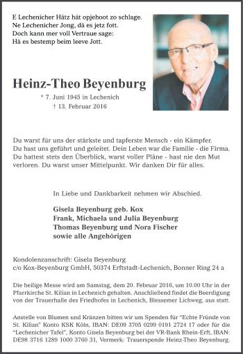 Anzeige von Heinz-Theo Beyenburg von Kölner Stadt-Anzeiger / Kölnische Rundschau / Express