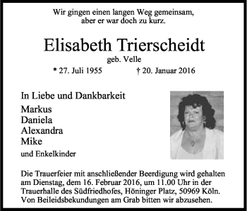 Anzeige von Elisabeth Trierscheidt von Kölner Stadt-Anzeiger / Kölnische Rundschau / Express