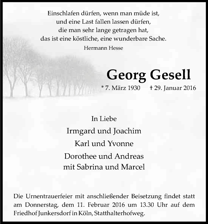  Traueranzeige für Georg Gesell vom 06.02.2016 aus Kölner Stadt-Anzeiger / Kölnische Rundschau / Express