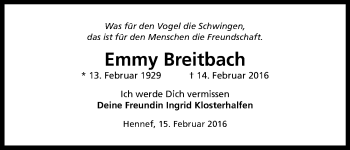 Anzeige von Emmy Breitbach von Kölner Stadt-Anzeiger / Kölnische Rundschau / Express
