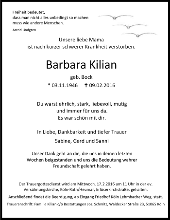 Anzeige von Barbara Kilian von Kölner Stadt-Anzeiger / Kölnische Rundschau / Express