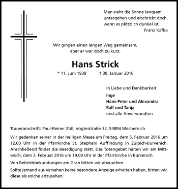 Anzeige von Hans Strick von Kölner Stadt-Anzeiger / Kölnische Rundschau / Express