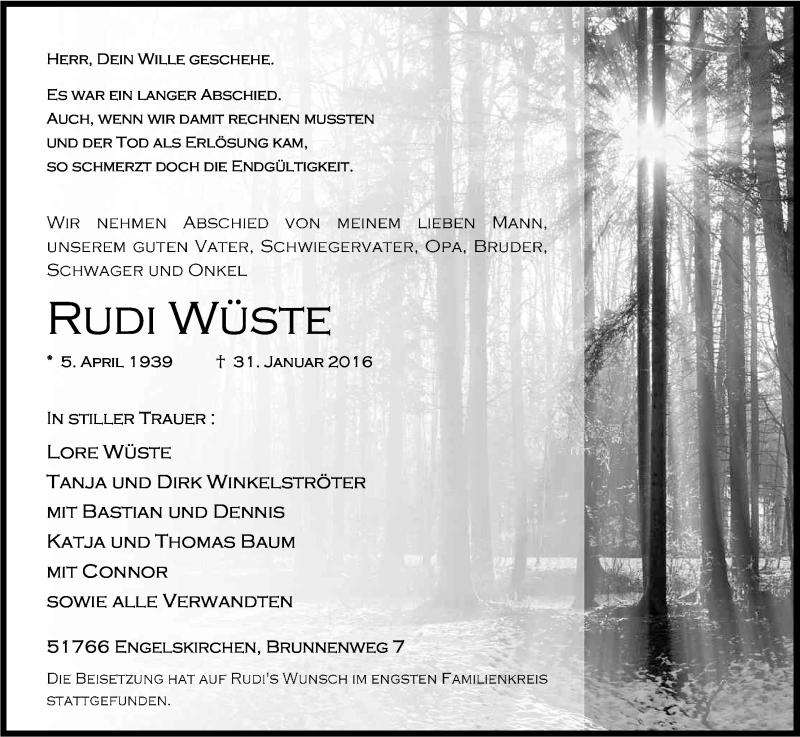  Traueranzeige für Rudolf Wüste vom 13.02.2016 aus Kölner Stadt-Anzeiger / Kölnische Rundschau / Express