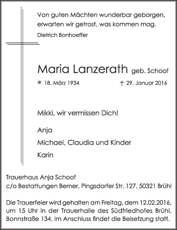 Anzeige von Maria Lanzerath von  Schlossbote/Werbekurier 