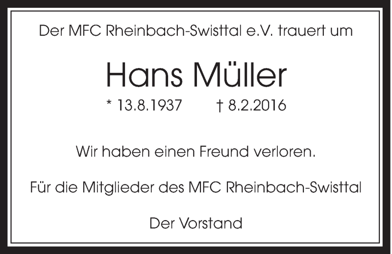  Traueranzeige für Hans Müller vom 17.02.2016 aus  Schaufenster/Blickpunkt 