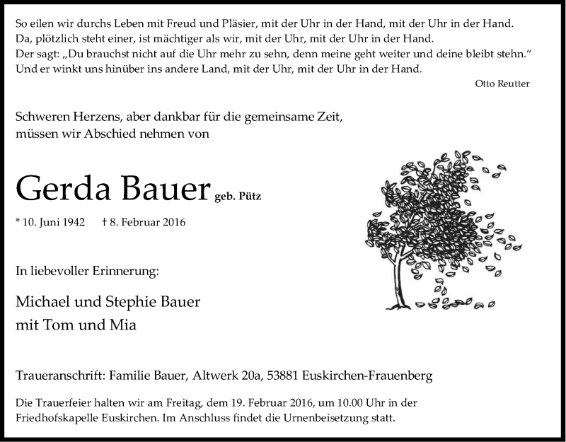  Traueranzeige für Gerda Bauer vom 15.02.2016 aus Kölner Stadt-Anzeiger / Kölnische Rundschau / Express