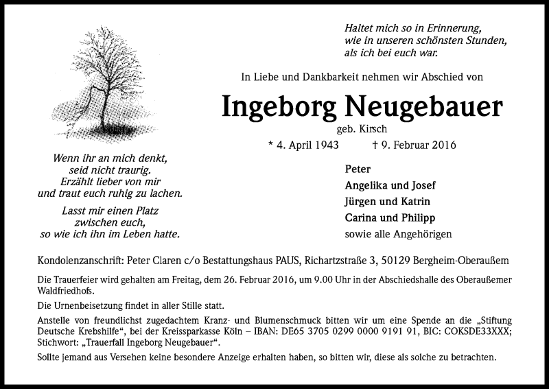  Traueranzeige für Ingeborg Neugebauer vom 20.02.2016 aus Kölner Stadt-Anzeiger / Kölnische Rundschau / Express